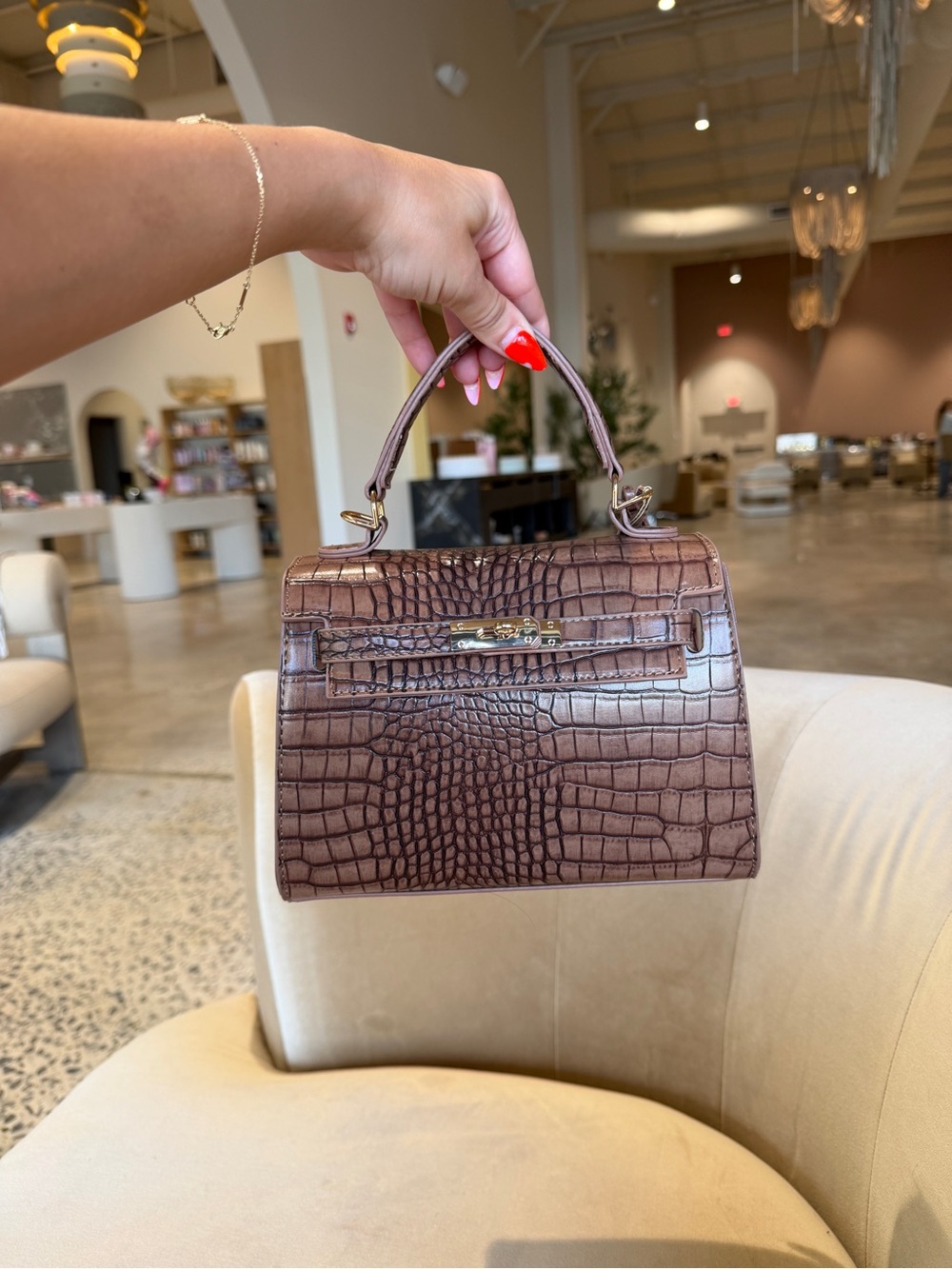 Classic Croc-Embossed Top Handle Bag in Brown